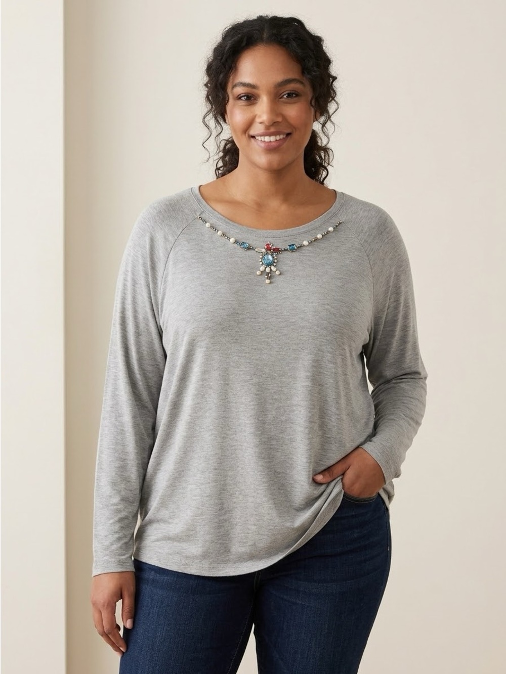 Rebecca Malone Embellished Jewel Neck Heather Gray Tee - Size XL NWOT